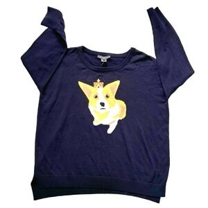 French Connection Sweater Corgi Dog Women's Size Large Navy Blue Crewneck